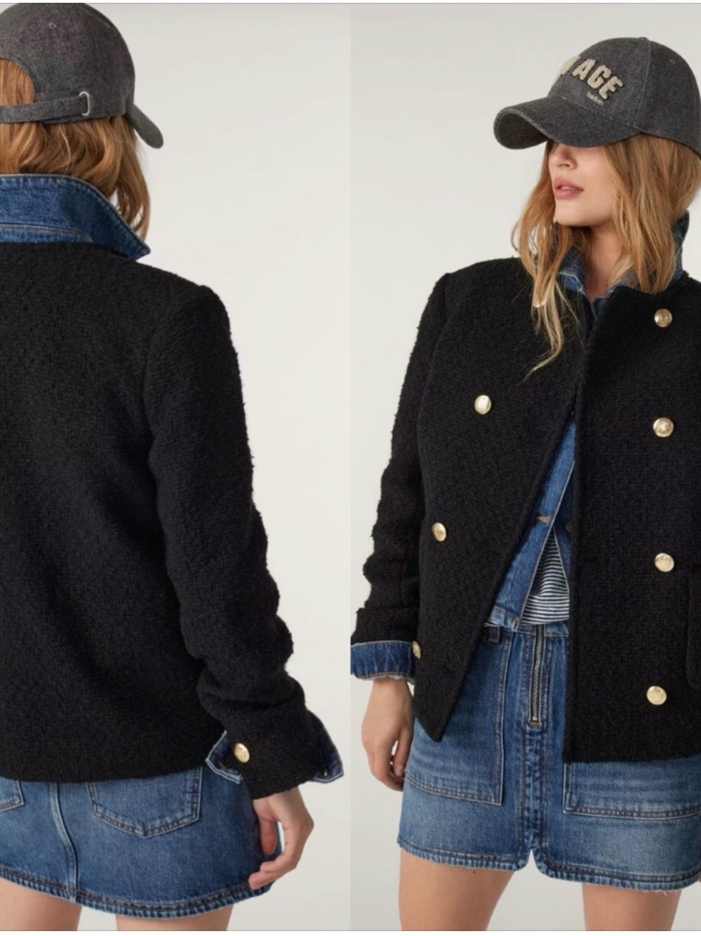 Ba&sh Black Double-Breasted Bouclé Jacket with Gold Buttons